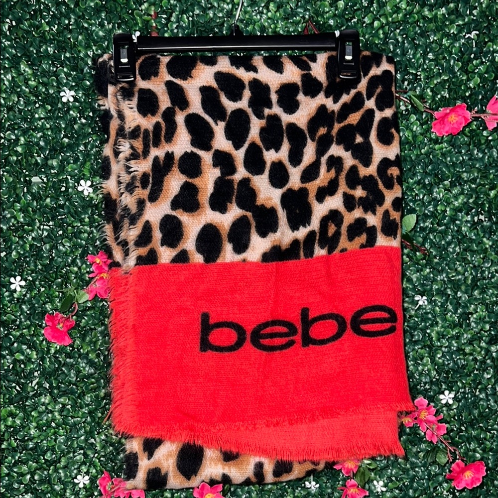 Bebe Leopard Print Scarf with Red Accent